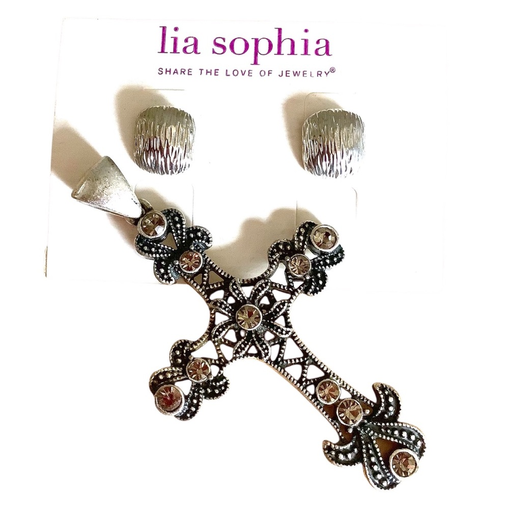Lia Sophia Silver Cross Pendant and Earrings with Marcasite Gems